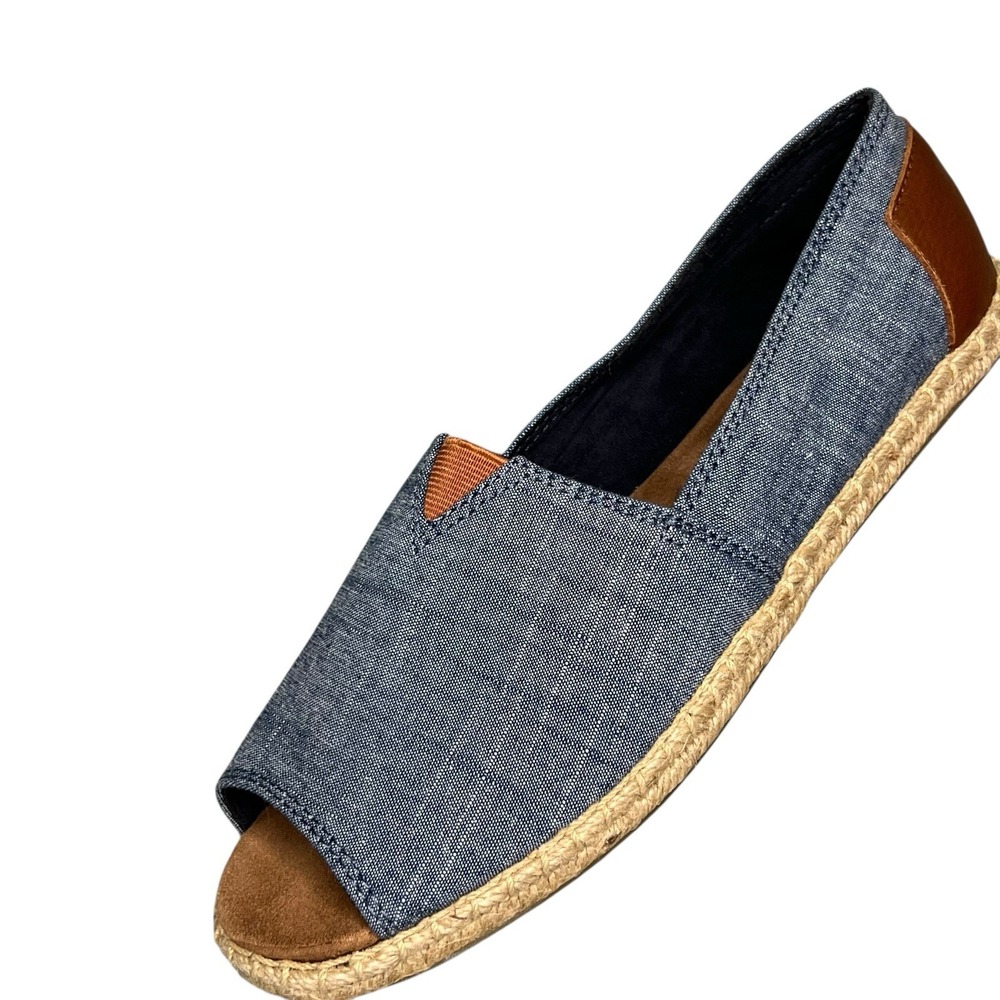 Toms Alpargata Espadrilles Womens 8 Blue Chambray Denim Slip On Peep Toe Shoes